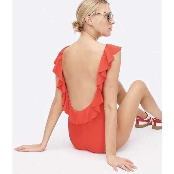 J. Crew 24 Ruffle Scoopback One Piece Swimsuit Red AK952 - Picture 2 of 7